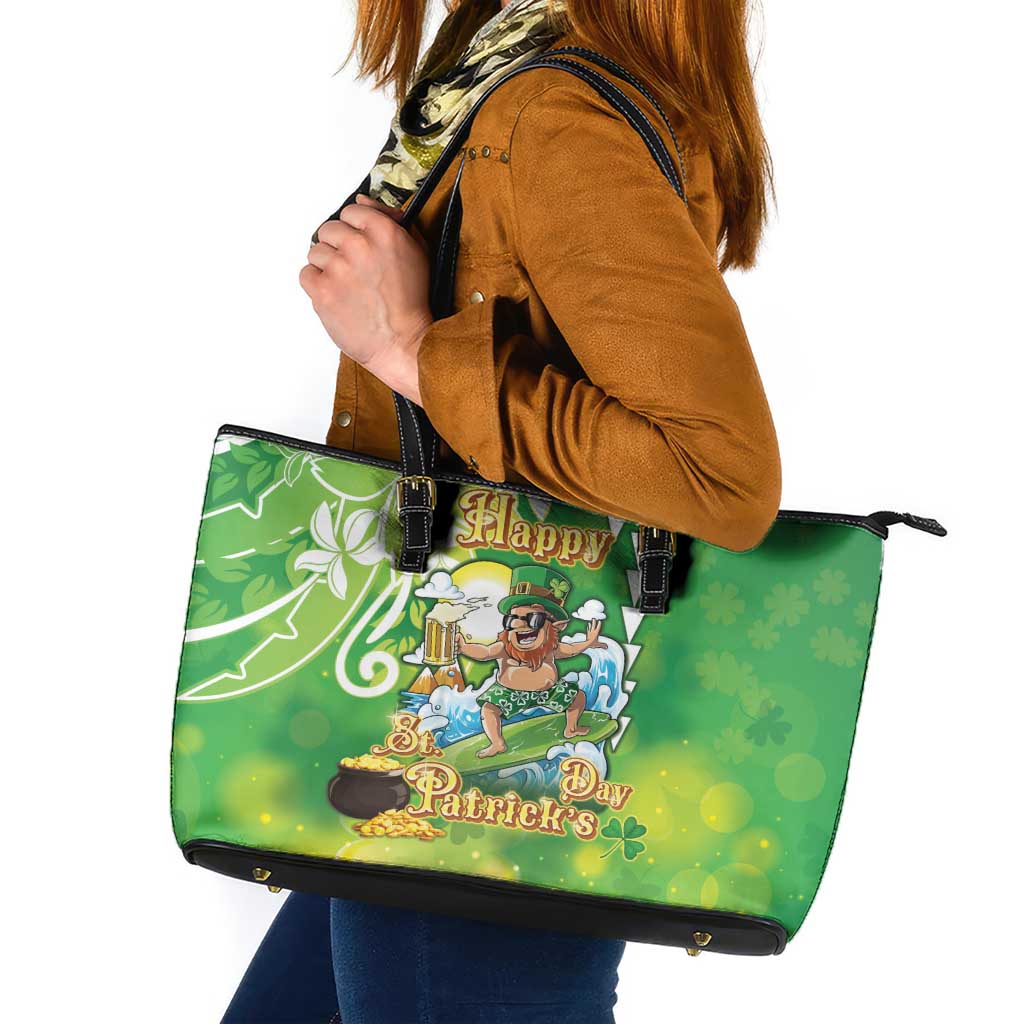 Hawaii Saint Patrick's Day Leather Tote Bag Funny Surfing Leprechaun