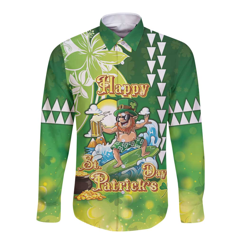 Hawaii Saint Patrick's Day Long Sleeve Button Shirt Funny Surfing Leprechaun