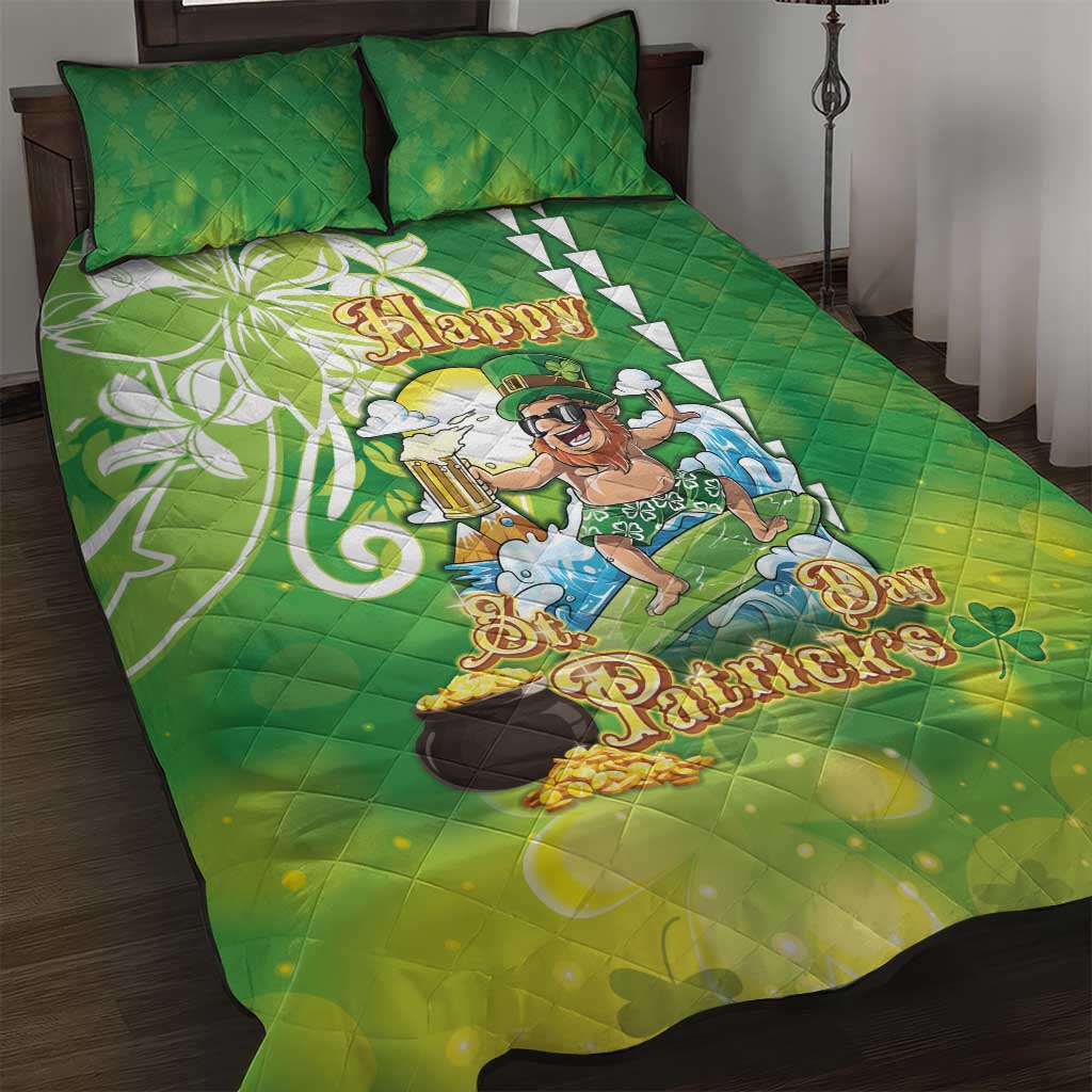 Hawaii Saint Patrick's Day Quilt Bed Set Funny Surfing Leprechaun