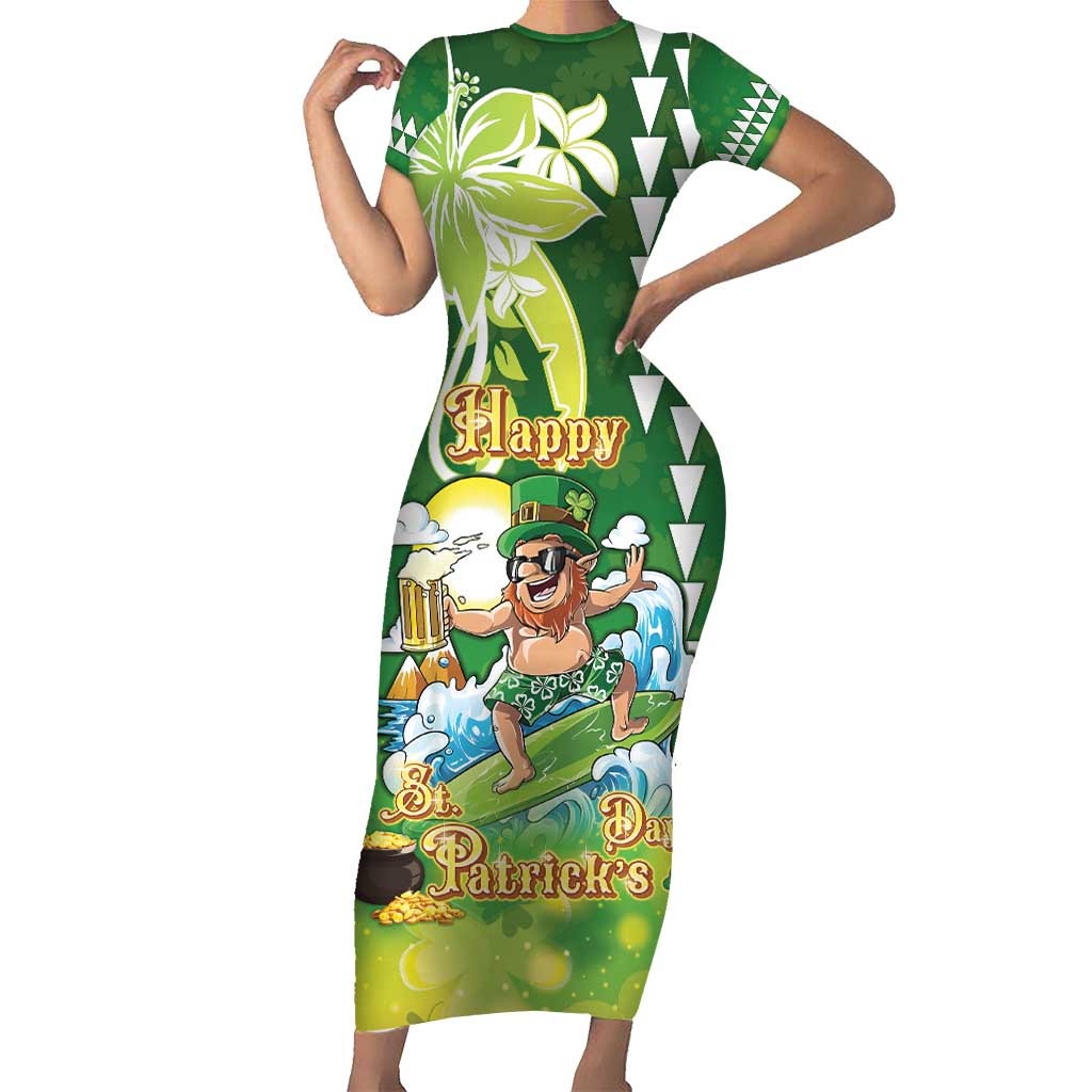 Hawaii Saint Patrick's Day Short Sleeve Bodycon Dress Funny Surfing Leprechaun