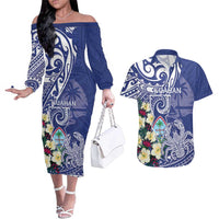 Personalised Hafa Adai Guam Couples Matching Off The Shoulder Long Sleeve Dress and Hawaiian Shirt Latte Stone With Coconut Crab LT05 Blue - Polynesian Pride