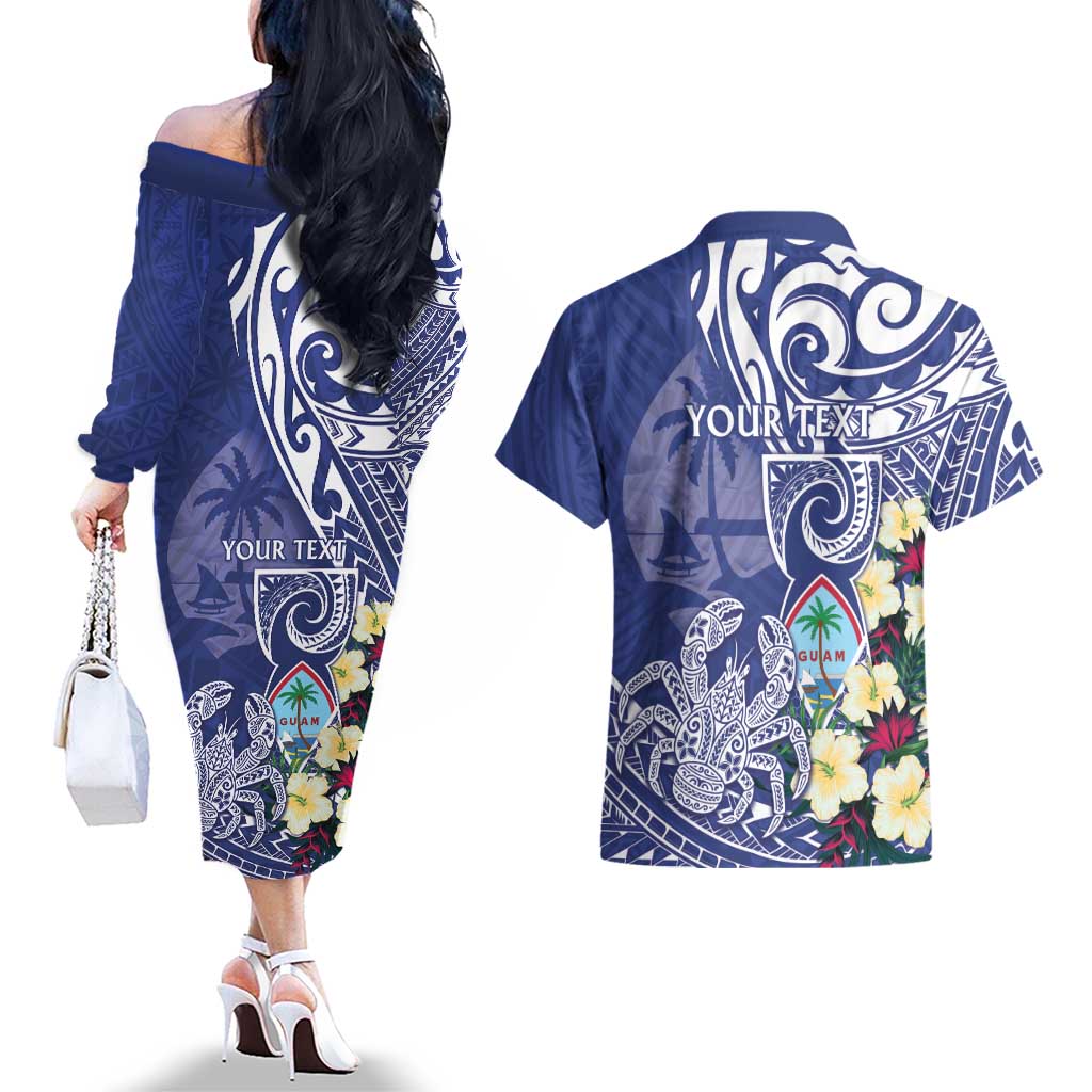 Personalised Hafa Adai Guam Couples Matching Off The Shoulder Long Sleeve Dress and Hawaiian Shirt Latte Stone With Coconut Crab LT05 - Polynesian Pride