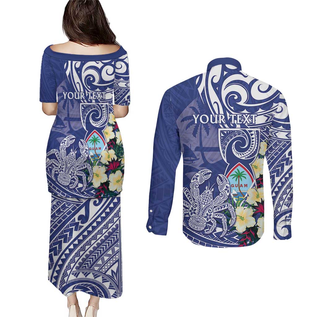 Personalised Hafa Adai Guam Couples Matching Puletasi and Long Sleeve Button Shirt Latte Stone With Coconut Crab