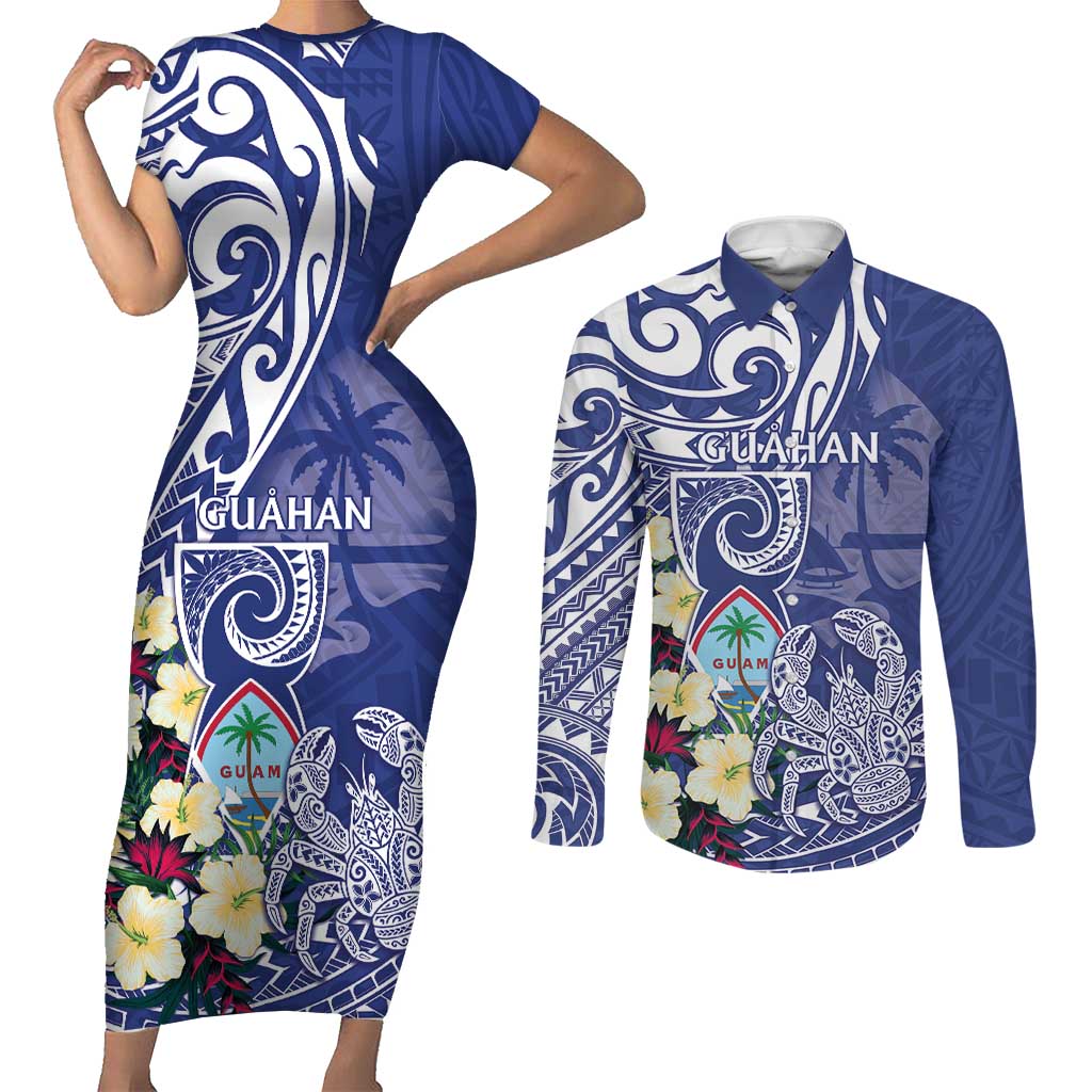 Personalised Hafa Adai Guam Couples Matching Short Sleeve Bodycon Dress and Long Sleeve Button Shirt Latte Stone With Coconut Crab