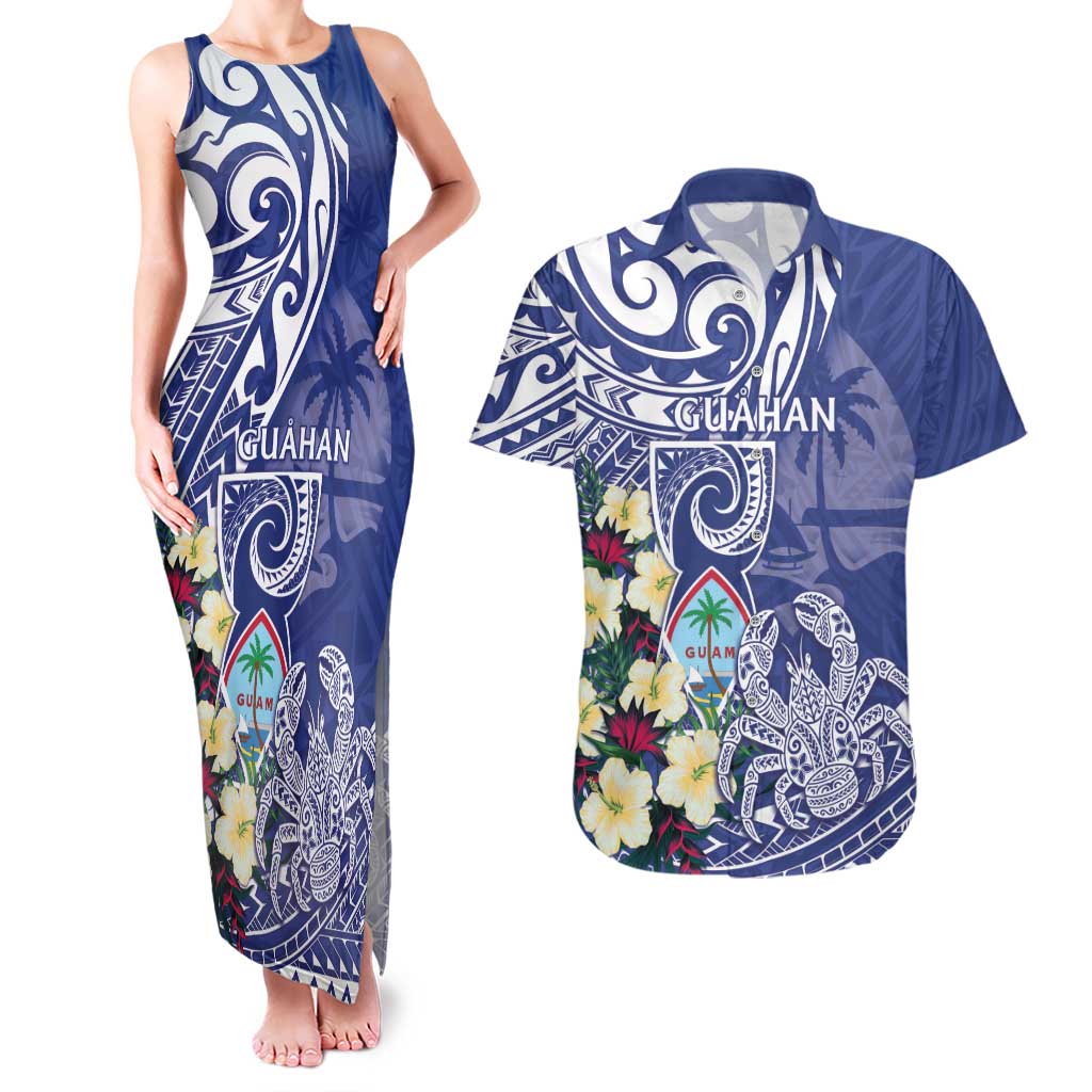 Personalised Hafa Adai Guam Couples Matching Tank Maxi Dress and Hawaiian Shirt Latte Stone With Coconut Crab
