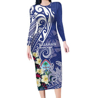 Personalised Hafa Adai Guam Family Matching Long Sleeve Bodycon Dress and Hawaiian Shirt Latte Stone With Coconut Crab LT05 Mom's Dress Blue - Polynesian Pride