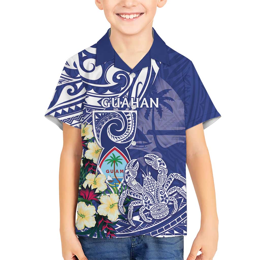 Personalised Hafa Adai Guam Family Matching Off The Shoulder Long Sleeve Dress and Hawaiian Shirt Latte Stone With Coconut Crab LT05 Son's Shirt Blue - Polynesian Pride