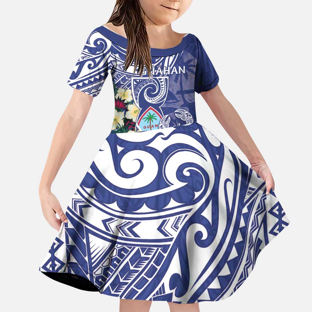 Personalised Hafa Adai Guam Family Matching Off Shoulder Maxi Dress and Hawaiian Shirt Latte Stone With Coconut Crab LT05 Daughter's Dress Blue - Polynesian Pride