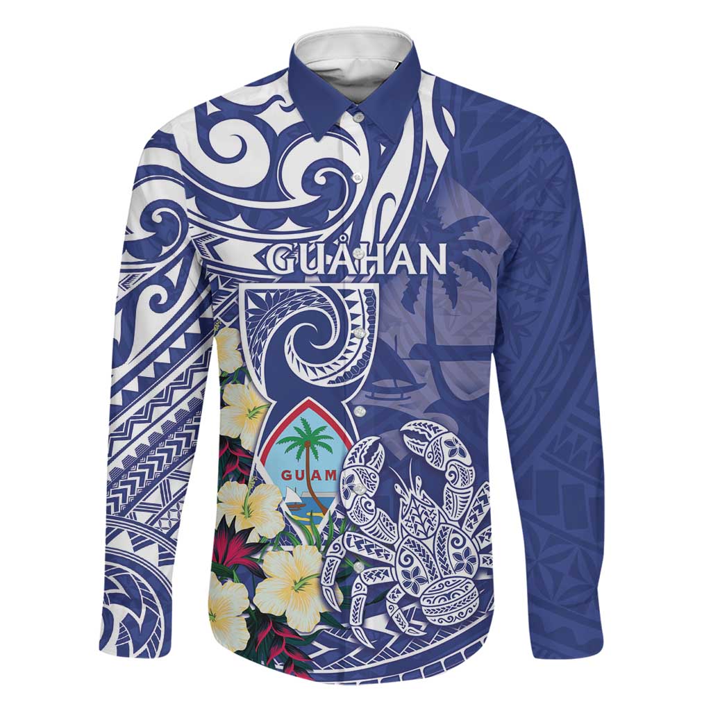 Personalised Hafa Adai Guam Family Matching Off Shoulder Maxi Dress and Hawaiian Shirt Latte Stone With Coconut Crab LT05 Dad's Shirt - Long Sleeve Blue - Polynesian Pride