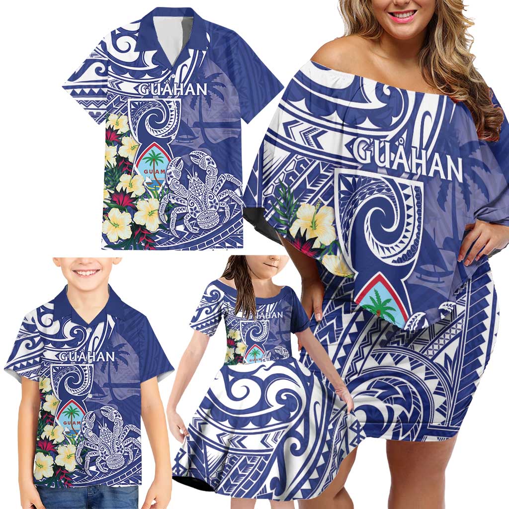 Personalised Hafa Adai Guam Family Matching Off Shoulder Short Dress and Hawaiian Shirt Latte Stone With Coconut Crab LT05 - Polynesian Pride