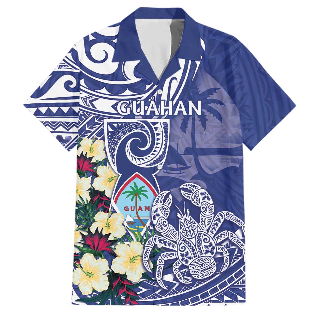 Personalised Hafa Adai Guam Family Matching Tank Maxi Dress and Hawaiian Shirt Latte Stone With Coconut Crab LT05 Dad's Shirt - Short Sleeve Blue - Polynesian Pride