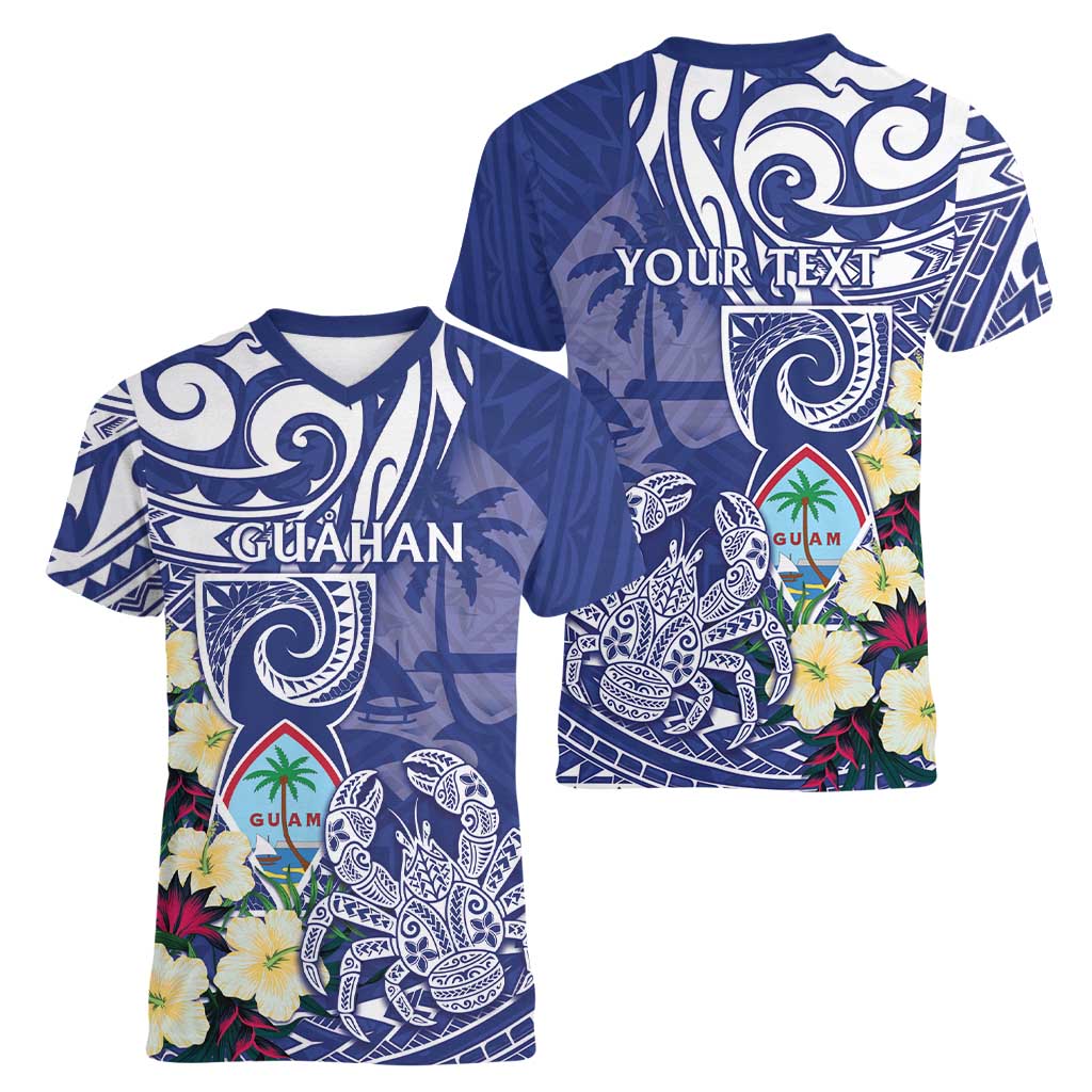 Personalised Hafa Adai Guam Women V-Neck T-Shirt Latte Stone With Coconut Crab