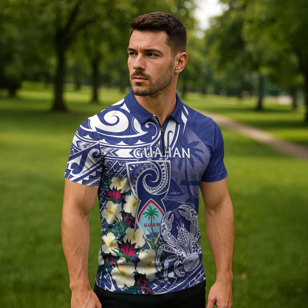 Personalised Hafa Adai Guam Zipper Polo Shirt Latte Stone With Coconut Crab