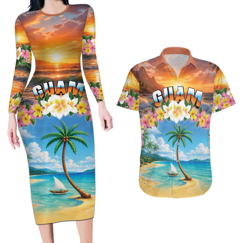 Guam Couples Matching Long Sleeve Bodycon Dress and Hawaiian Shirt Eternal Summer Sunset Beach