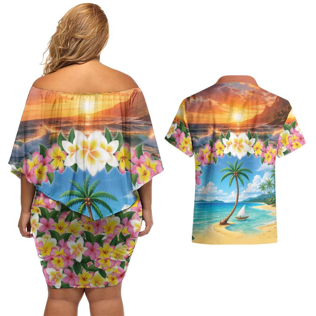 Guam Couples Matching Off Shoulder Short Dress and Hawaiian Shirt Eternal Summer Sunset Beach