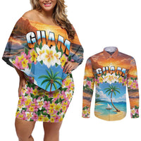 Guam Couples Matching Off Shoulder Short Dress and Long Sleeve Button Shirt Eternal Summer Sunset Beach