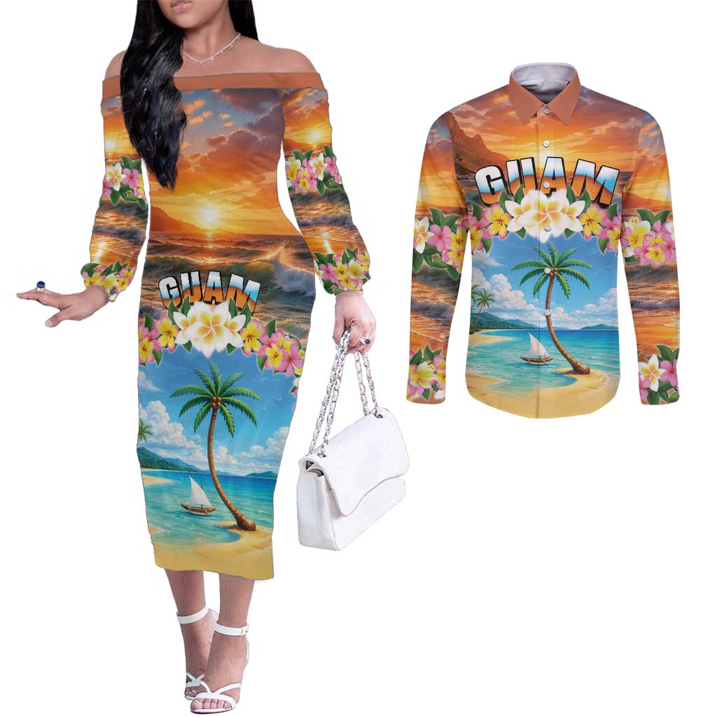 Guam Couples Matching Off The Shoulder Long Sleeve Dress and Long Sleeve Button Shirt Eternal Summer Sunset Beach