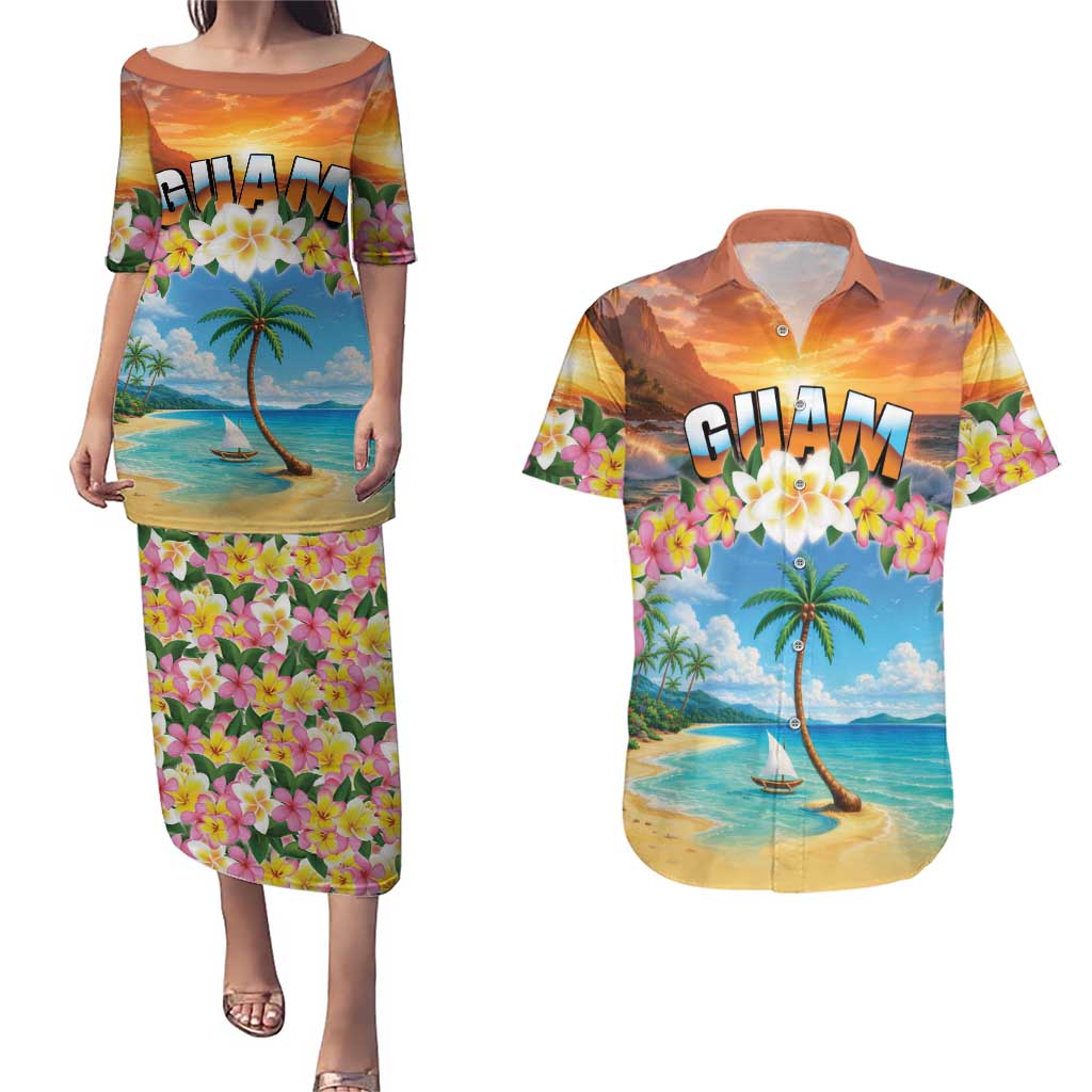 Guam Couples Matching Puletasi and Hawaiian Shirt Eternal Summer Sunset Beach