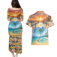 Guam Couples Matching Puletasi and Hawaiian Shirt Eternal Summer Sunset Beach