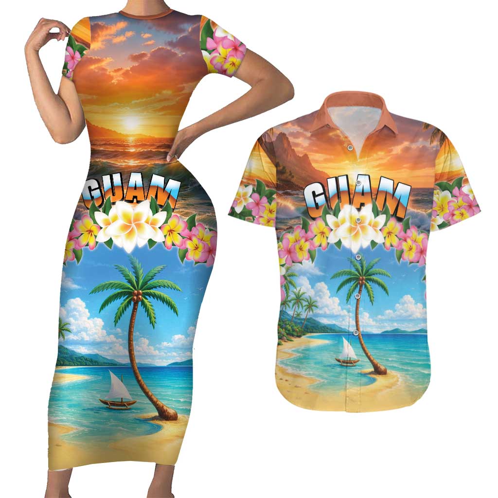 Guam Couples Matching Short Sleeve Bodycon Dress and Hawaiian Shirt Eternal Summer Sunset Beach