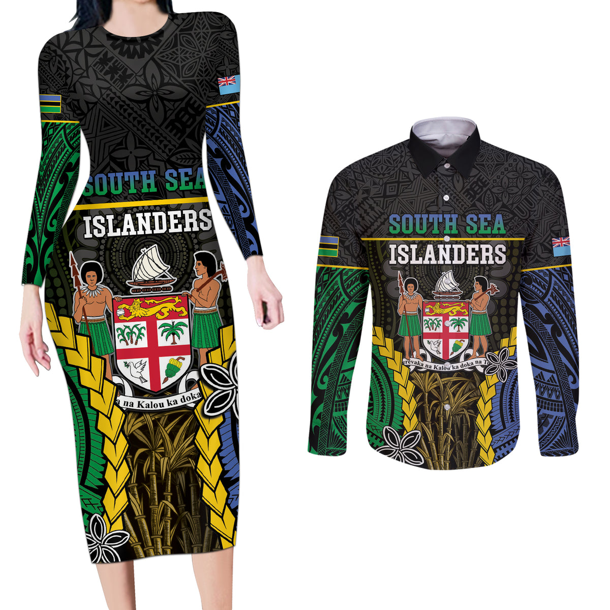 Personalised South Sea Islanders And Fiji Couples Matching Long Sleeve Bodycon Dress and Long Sleeve Button Shirt Kanakas Fijian Tapa Pattern LT05 Black - Polynesian Pride