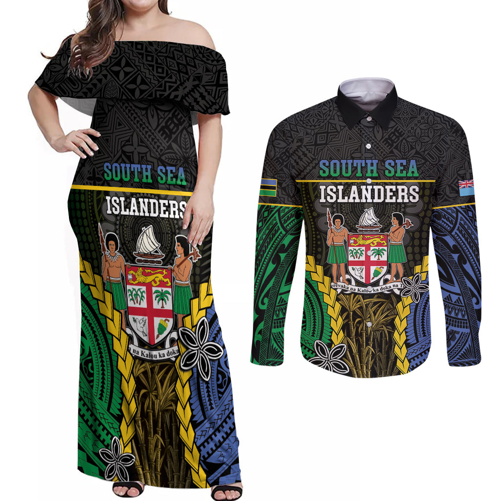 Personalised South Sea Islanders And Fiji Couples Matching Off Shoulder Maxi Dress and Long Sleeve Button Shirt Kanakas Fijian Tapa Pattern LT05 Black - Polynesian Pride