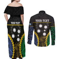 Personalised South Sea Islanders And Fiji Couples Matching Off Shoulder Maxi Dress and Long Sleeve Button Shirt Kanakas Fijian Tapa Pattern LT05 - Polynesian Pride