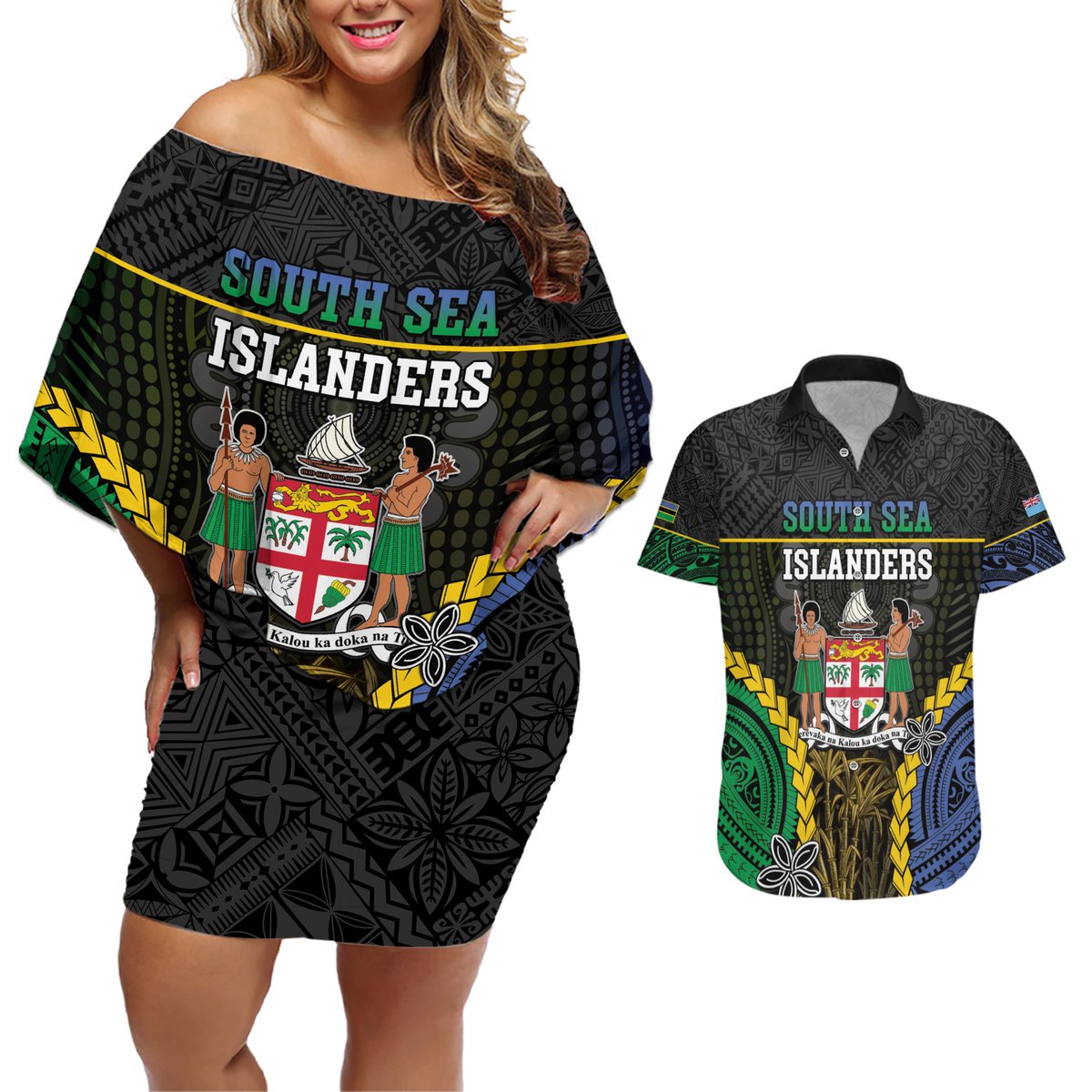 Personalised South Sea Islanders And Fiji Couples Matching Off Shoulder Short Dress and Hawaiian Shirt Kanakas Fijian Tapa Pattern LT05 Black - Polynesian Pride