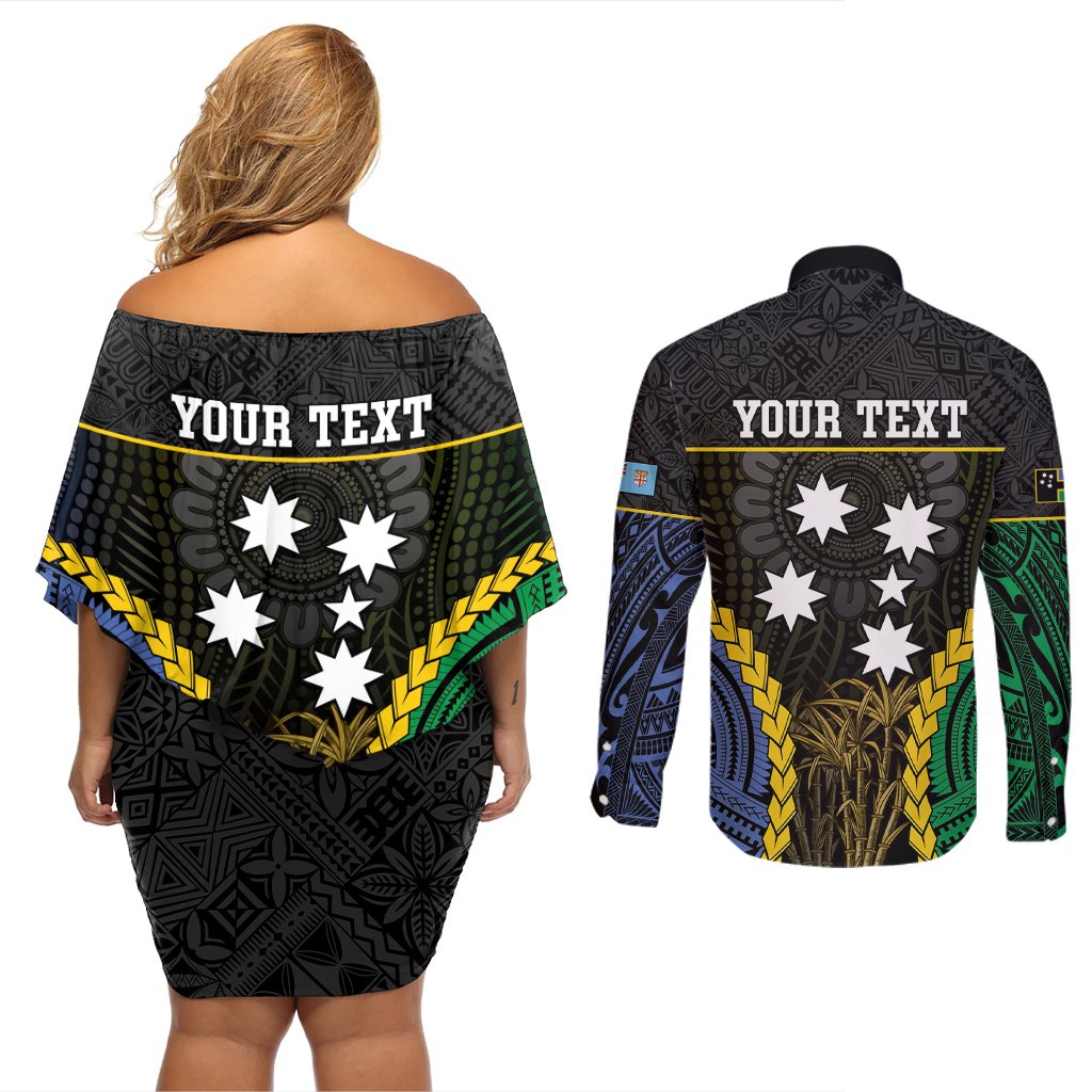 Personalised South Sea Islanders And Fiji Couples Matching Off Shoulder Short Dress and Long Sleeve Button Shirt Kanakas Fijian Tapa Pattern LT05 - Polynesian Pride
