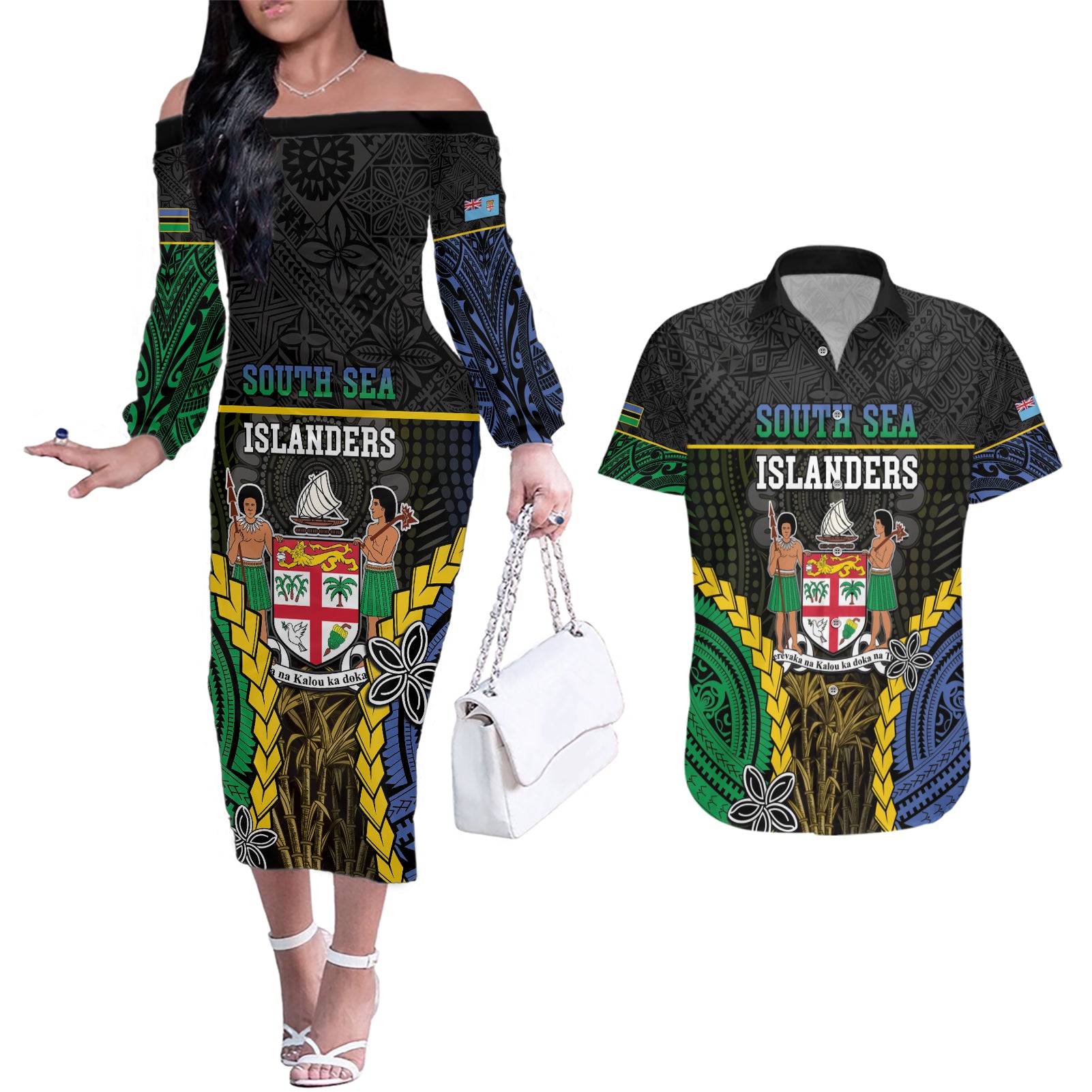 Personalised South Sea Islanders And Fiji Couples Matching Off The Shoulder Long Sleeve Dress and Hawaiian Shirt Kanakas Fijian Tapa Pattern