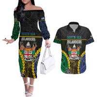 Personalised South Sea Islanders And Fiji Couples Matching Off The Shoulder Long Sleeve Dress and Hawaiian Shirt Kanakas Fijian Tapa Pattern