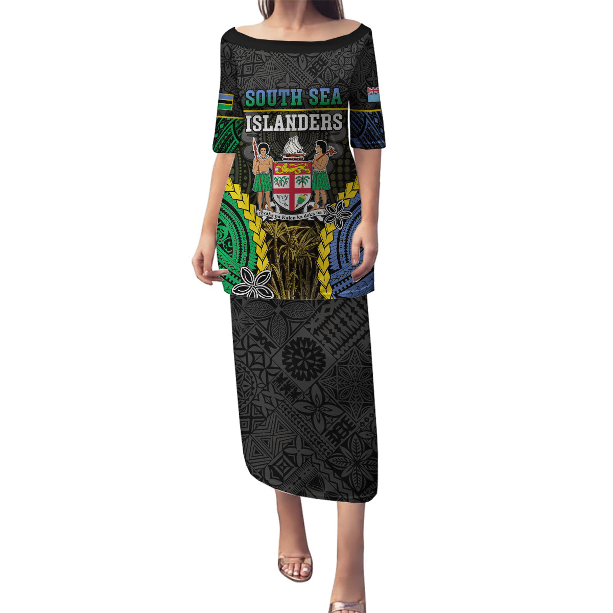 Personalised South Sea Islanders And Fiji Family Matching Puletasi and Hawaiian Shirt Kanakas Fijian Tapa Pattern LT05 Mom's Dress Black - Polynesian Pride