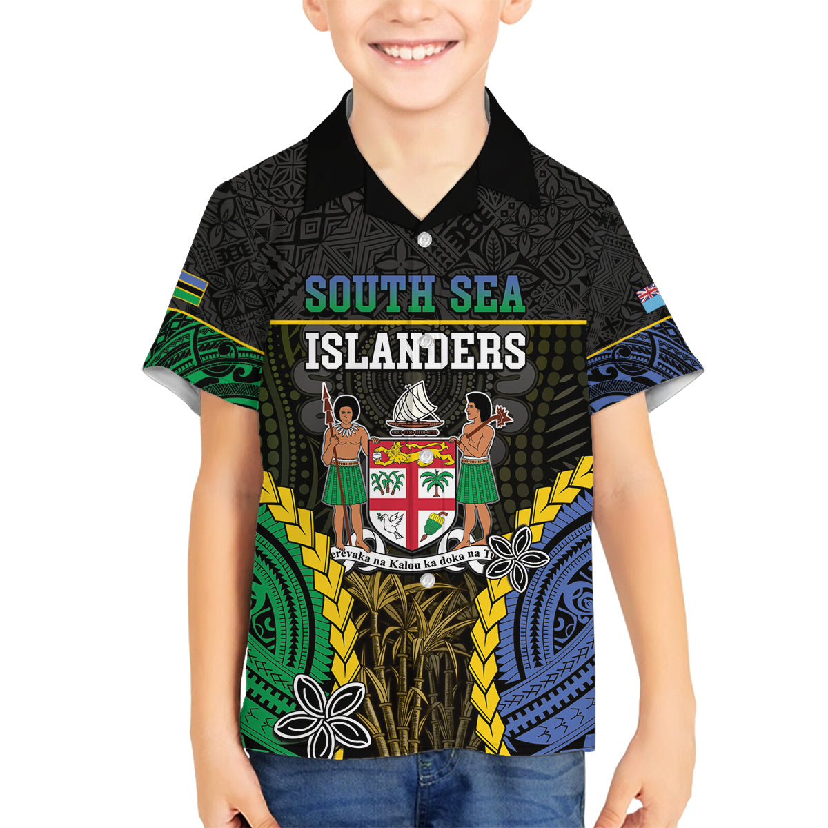 Personalised South Sea Islanders And Fiji Family Matching Puletasi and Hawaiian Shirt Kanakas Fijian Tapa Pattern LT05 Son's Shirt Black - Polynesian Pride