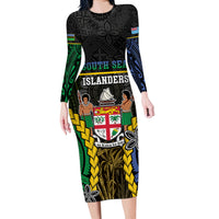 Personalised South Sea Islanders And Fiji Long Sleeve Bodycon Dress Kanakas Fijian Tapa Pattern LT05 Long Dress Black - Polynesian Pride