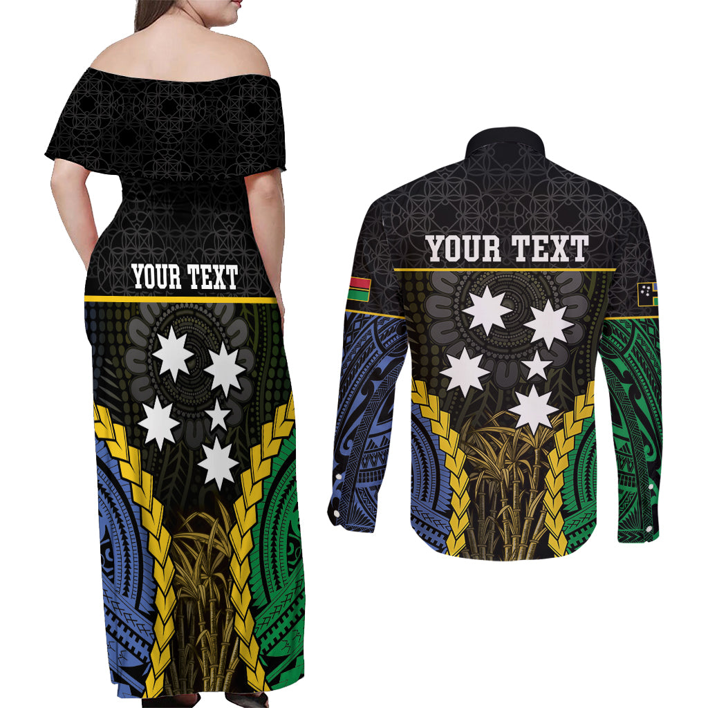 Personalised South Sea Islanders And Vanuatu Couples Matching Off Shoulder Maxi Dress and Long Sleeve Button Shirt Kanakas Sand Drawing Pattern LT05 - Polynesian Pride