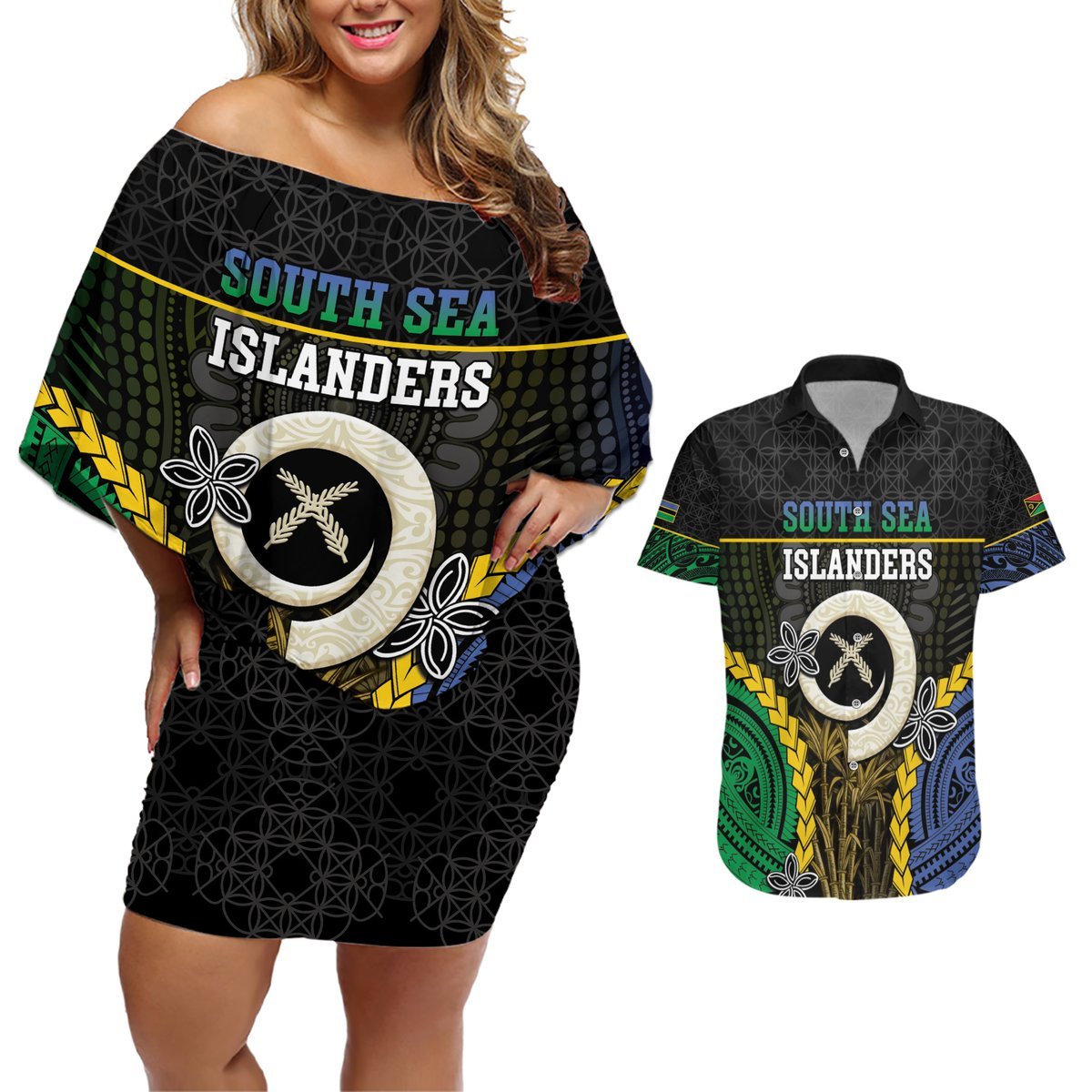 Personalised South Sea Islanders And Vanuatu Couples Matching Off Shoulder Short Dress and Hawaiian Shirt Kanakas Sand Drawing Pattern LT05 Black - Polynesian Pride
