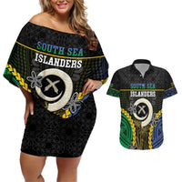 Personalised South Sea Islanders And Vanuatu Couples Matching Off Shoulder Short Dress and Hawaiian Shirt Kanakas Sand Drawing Pattern LT05 Black - Polynesian Pride