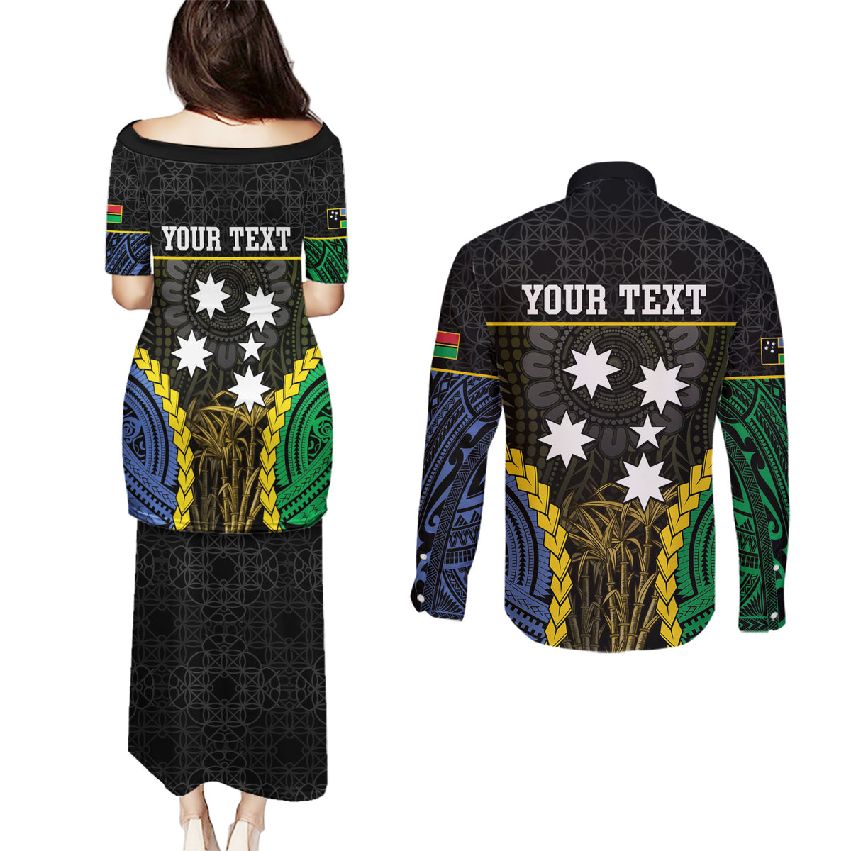 Personalised South Sea Islanders And Vanuatu Couples Matching Puletasi and Long Sleeve Button Shirt Kanakas Sand Drawing Pattern