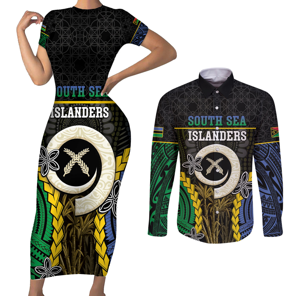 Personalised South Sea Islanders And Vanuatu Couples Matching Short Sleeve Bodycon Dress and Long Sleeve Button Shirt Kanakas Sand Drawing Pattern