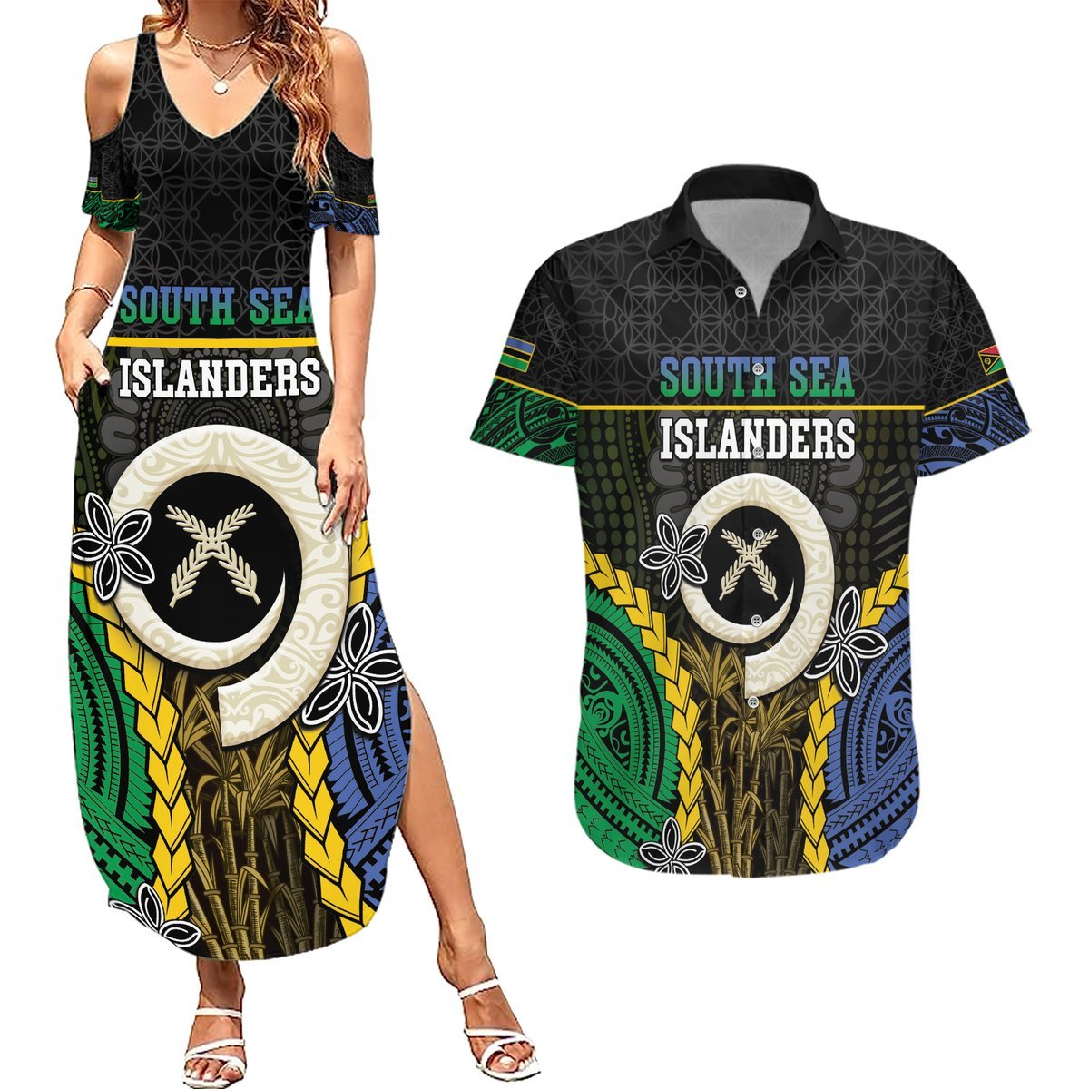 Personalised South Sea Islanders And Vanuatu Couples Matching Summer Maxi Dress and Hawaiian Shirt Kanakas Sand Drawing Pattern LT05 Black - Polynesian Pride