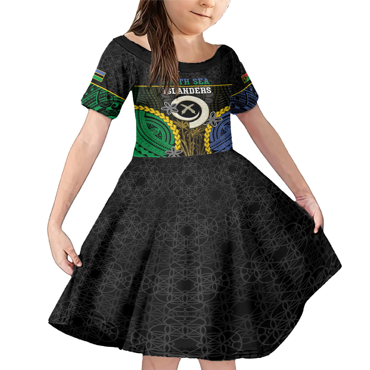 Personalised South Sea Islanders And Vanuatu Family Matching Mermaid Dress and Hawaiian Shirt Kanakas Sand Drawing Pattern LT05 Daughter's Dress Black - Polynesian Pride