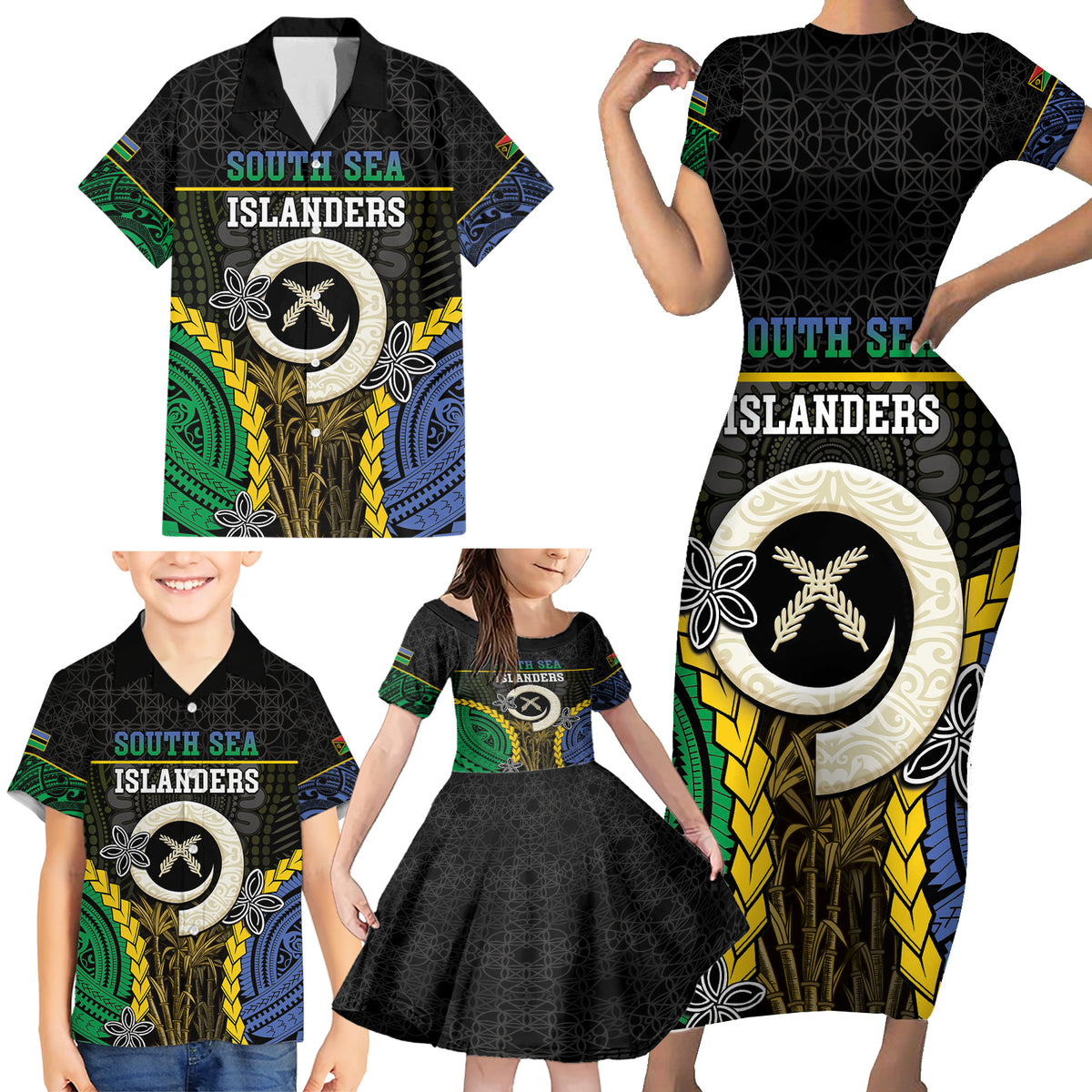Personalised South Sea Islanders And Vanuatu Family Matching Short Sleeve Bodycon Dress and Hawaiian Shirt Kanakas Sand Drawing Pattern LT05 - Polynesian Pride