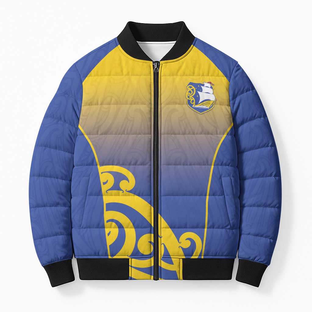 Custom James Cook High School Bomber Puffer Jacket Maori Koru Pattern LT05 Unisex Blue - Polynesian Pride