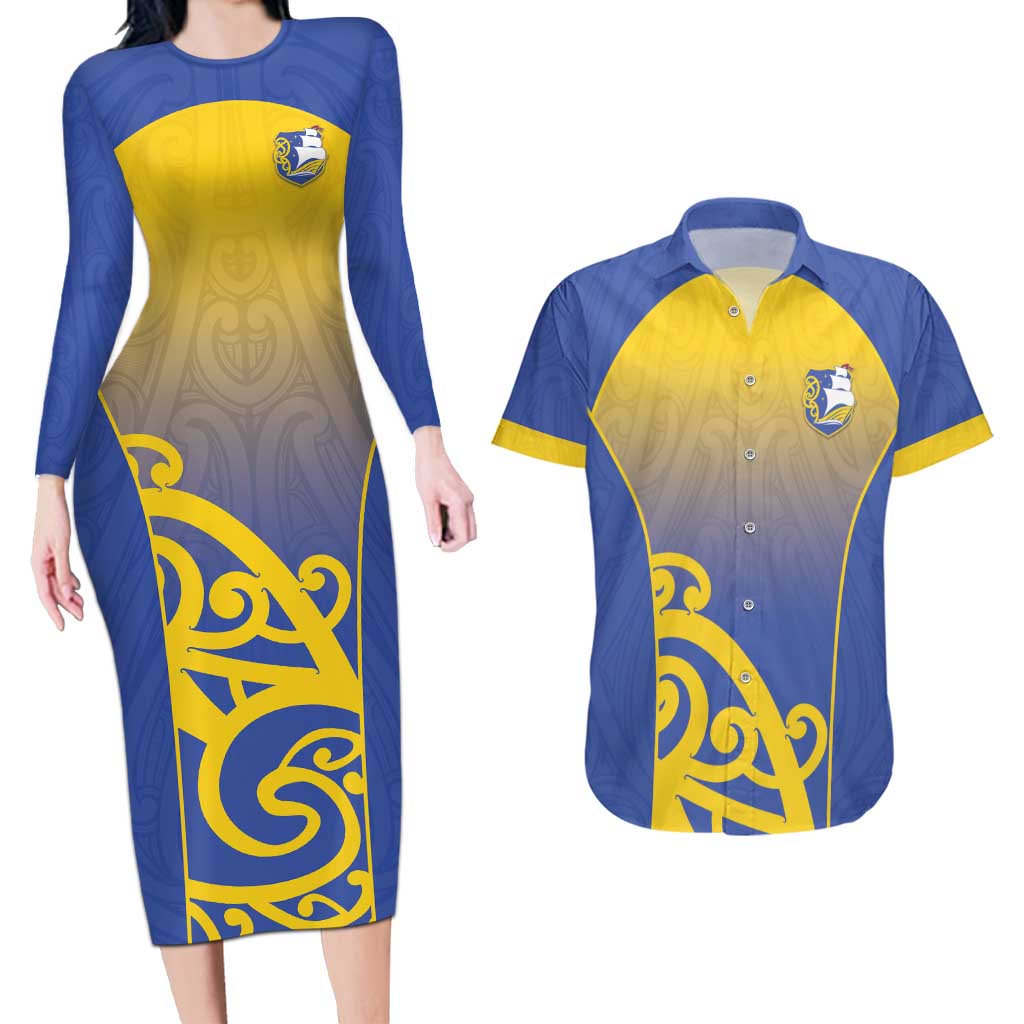 Custom James Cook High School Couples Matching Long Sleeve Bodycon Dress and Hawaiian Shirt Maori Koru Pattern