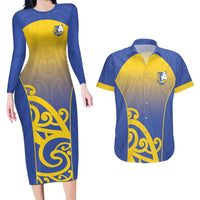 Custom James Cook High School Couples Matching Long Sleeve Bodycon Dress and Hawaiian Shirt Maori Koru Pattern LT05 Blue - Polynesian Pride