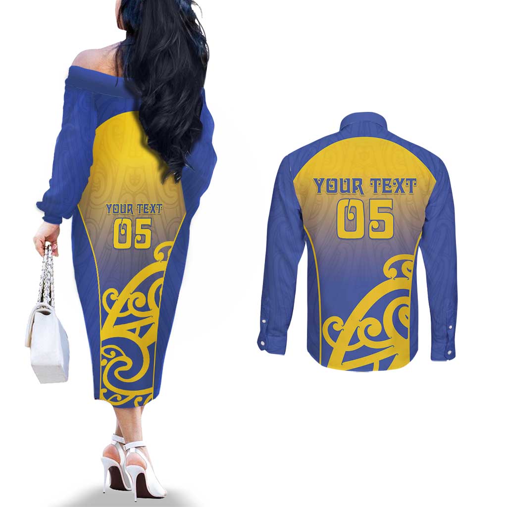 Custom James Cook High School Couples Matching Off The Shoulder Long Sleeve Dress and Long Sleeve Button Shirt Maori Koru Pattern
