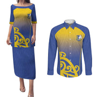 Custom James Cook High School Couples Matching Puletasi and Long Sleeve Button Shirt Maori Koru Pattern