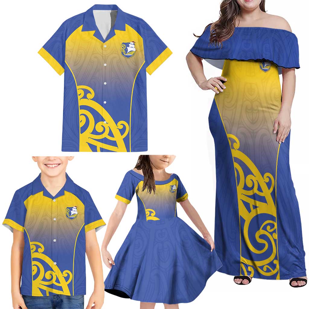 Custom James Cook High School Family Matching Off Shoulder Maxi Dress and Hawaiian Shirt Maori Koru Pattern