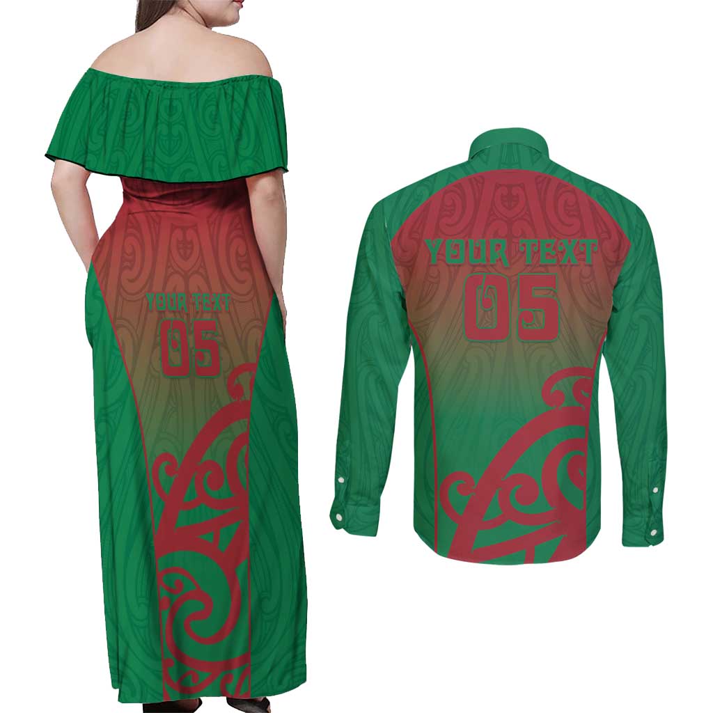 Custom Onehunga High School Couples Matching Off Shoulder Maxi Dress and Long Sleeve Button Shirt Maori Koru Pattern
