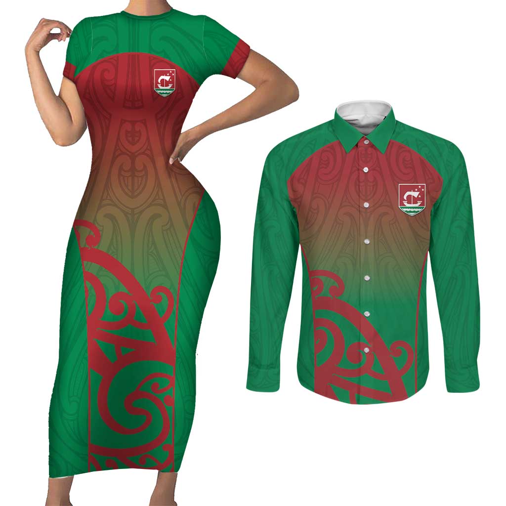 Custom Onehunga High School Couples Matching Short Sleeve Bodycon Dress and Long Sleeve Button Shirt Maori Koru Pattern